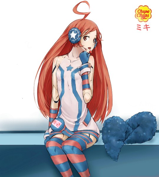 Anime picture 2158x2400 with vocaloid miki (vocaloid) francisco valle single long hair tall image highres open mouth red eyes white background absurdres ahoge red hair striped star print robot joints girl thighhighs gloves elbow gloves