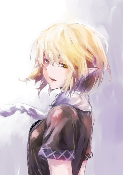 Anime picture 723x1023 with touhou mizuhashi parsee amamitsu kousuke single tall image looking at viewer short hair open mouth blonde hair green eyes looking back pointy ears short sleeves gradient background girl scarf
