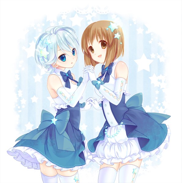 Anime picture 1489x1500 with hiiiiron kocho tall image short hair blue eyes brown hair bare shoulders multiple girls brown eyes blue hair girl thighhighs dress gloves hair ornament bow 2 girls white thighhighs elbow gloves star (symbol) star hair ornament