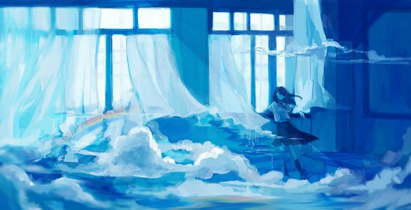 Anime picture 1150x589 with original chou osamu single long hair fringe wide image standing cloud (clouds) wind weightlessness girl skirt shirt socks curtains sailor suit rainbow