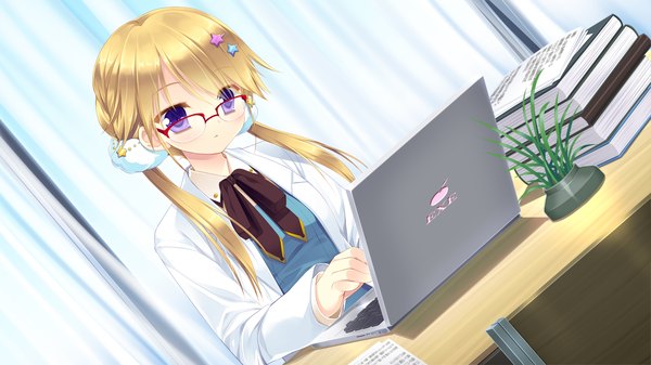 Anime picture 1280x720 with gangsta alcadia tokimori nozomi miyasu risa long hair blonde hair wide image twintails purple eyes game cg girl hair ornament glasses book (books) bobby pin star hair ornament labcoat laptop