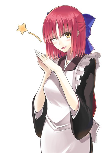 Anime picture 1000x1414 with shingetsutan tsukihime type-moon kohaku (tsukihime) kauto single tall image looking at viewer blush short hair open mouth simple background smile white background yellow eyes red hair traditional clothes japanese clothes one eye closed wink half updo