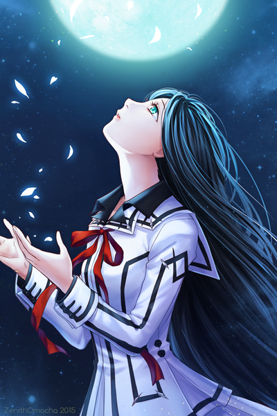 Anime picture 550x825 with vampire knight studio deen zenithomocha single long hair tall image blue eyes black hair standing signed looking away parted lips lips night night sky looking up girl uniform ribbon (ribbons) school uniform