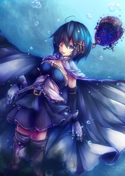 Anime picture 892x1254 with mahou shoujo madoka magica shaft (studio) miki sayaka sawa nao single tall image looking at viewer fringe short hair breasts open mouth standing purple eyes bare shoulders blue hair zettai ryouiki underwater girl thighhighs skirt