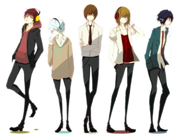 Anime picture 1818x1363 with death note madhouse yagami light l (death note) mello (mihael keehl) near matt orika (pliez la maison) looking at viewer highres short hair black hair simple background blonde hair brown hair standing white background brown eyes looking away white hair