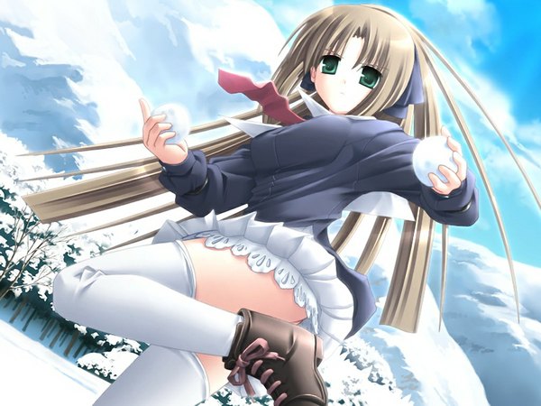 Anime picture 1024x768 with north wind dreamsoft yanagi yukika torishimo long hair brown hair green eyes game cg girl thighhighs white thighhighs