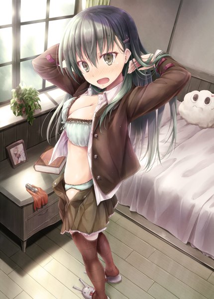 Anime picture 866x1208 with kantai collection suzuya heavy cruiser suien single long hair tall image looking at viewer blush breasts open mouth light erotic indoors green hair open clothes embarrassed adjusting hair surprised girl thighhighs skirt