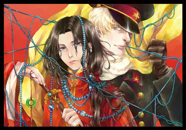 Anime picture 1000x700 with axis powers hetalia studio deen russia (hetalia) china (hetalia) soudwrong long hair looking at viewer short hair blue eyes simple background blonde hair brown hair holding brown eyes traditional clothes multiple boys border chinese clothes red background military
