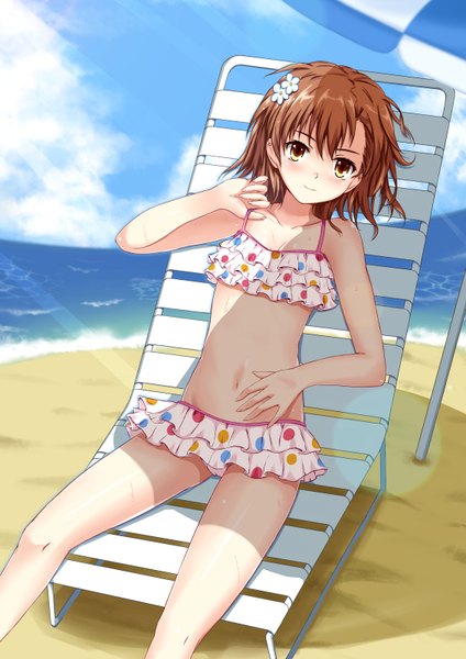 Anime picture 2264x3200 with to aru kagaku no railgun to aru majutsu no index j.c. staff misaka mikoto kamiko to seiryoku single tall image blush highres short hair brown hair bare shoulders yellow eyes sky cloud (clouds) lying hair flower light smile beach girl