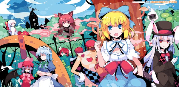 Anime picture 1589x780 with alice in wonderland touhou flandre scarlet remilia scarlet izayoi sakuya alice margatroid reisen udongein inaba fujiwara no mokou ibuki suika kaenbyou rin alice (wonderland) inaba tewi ibaraki kasen cheshire cat mad hatter ideolo blue eyes blonde hair red eyes wide image