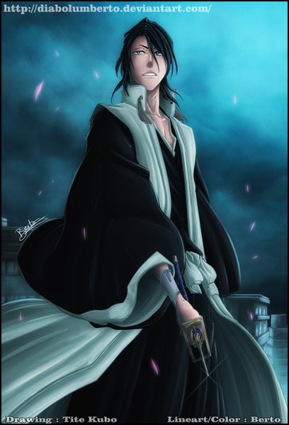 Anime picture 900x1324 with bleach studio pierrot kuchiki byakuya diabolumberto single tall image looking at viewer short hair black hair cloud (clouds) traditional clothes japanese clothes night grey eyes night sky coloring boy weapon petals sword