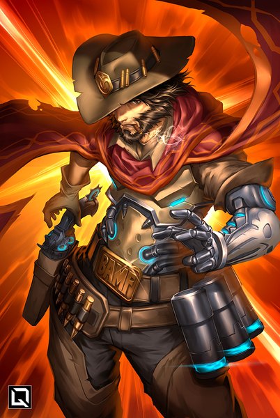 Anime picture 604x900 with overwatch blizzard entertainment mccree (overwatch) quirkilicious single tall image short hair brown hair brown eyes smoke smoking mechanical arms hat over eyes boy gloves weapon hat armor gun cape