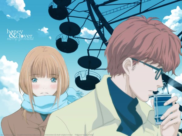 Anime picture 1600x1200 with honey and clover j.c. staff yamada ayumi mayama takumi tama-neko looking at viewer blush fringe short hair blue eyes blonde hair holding looking away sky cloud (clouds) outdoors red hair blunt bangs profile inscription