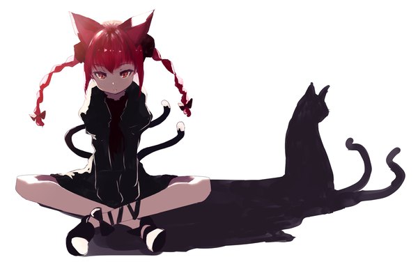 Anime picture 2518x1591 with touhou kaenbyou rin mifuru single long hair looking at viewer fringe highres simple background red eyes white background sitting animal ears payot full body red hair tail braid (braids) long sleeves animal tail