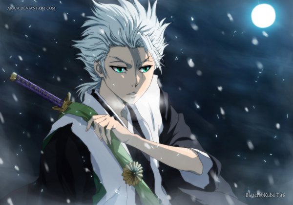 Anime picture 1500x1048 with bleach studio pierrot hitsugaya toushirou ar-ua single short hair green eyes cloud (clouds) japanese clothes grey hair night sky coloring snowing winter snow exhalation boy weapon sword kimono