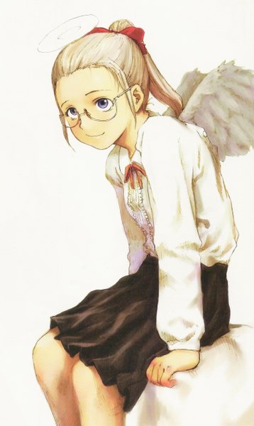 Anime picture 1508x2524 with haibane renmei hikari (haibane) single long hair tall image simple background blonde hair smile white background purple eyes girl wings glasses halo