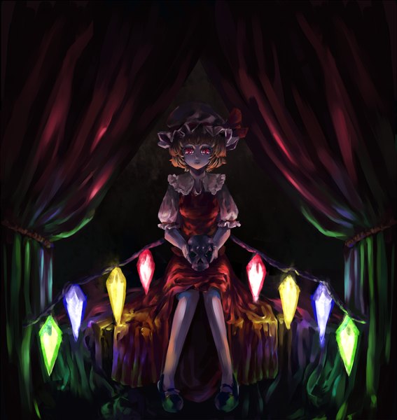 Anime picture 1052x1112 with touhou flandre scarlet relax (artist) single tall image short hair blonde hair red eyes sitting girl dress bow hat wings boots skull
