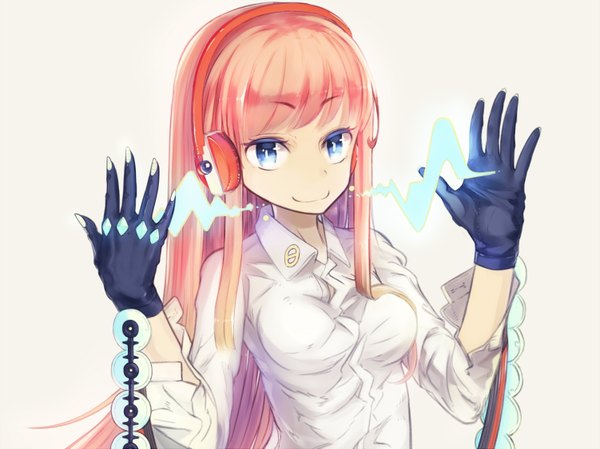 Anime picture 3001x2250 with original aogiri (artist) single long hair looking at viewer highres blue eyes simple background smile white background pink hair absurdres girl gloves shirt headphones