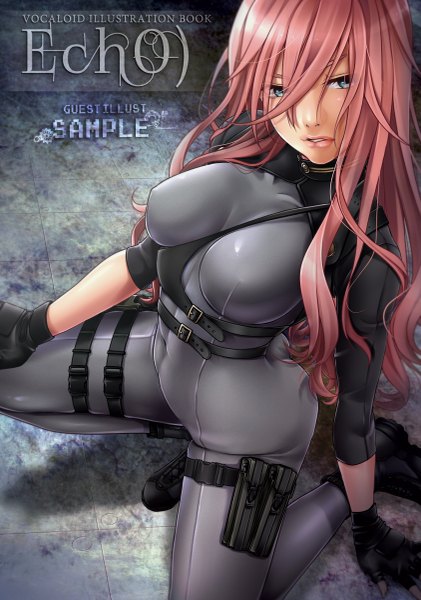 Anime picture 843x1200 with vocaloid megurine luka masami chie single long hair tall image fringe breasts blue eyes light erotic looking away pink hair inscription kneeling girl gloves boots fingerless gloves bodysuit