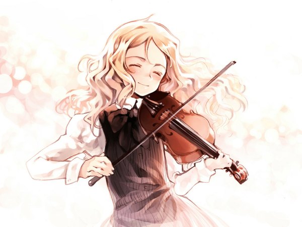 Anime picture 1024x768 with quartett! littlewitch oyari ashito single long hair blonde hair smile white background upper body eyes closed loli happy wavy hair ^ ^ playing instrument girl musical instrument violin bow (instrument)