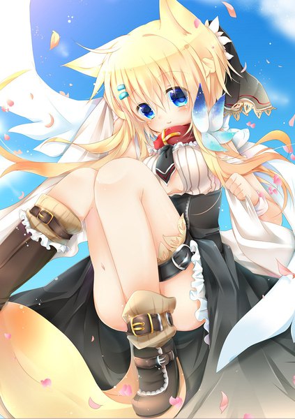 Anime picture 800x1135 with original kazato fuuchi single tall image looking at viewer blush fringe short hair blue eyes light erotic blonde hair smile hair between eyes holding payot sky cloud (clouds) ahoge bent knee (knees) hair flower
