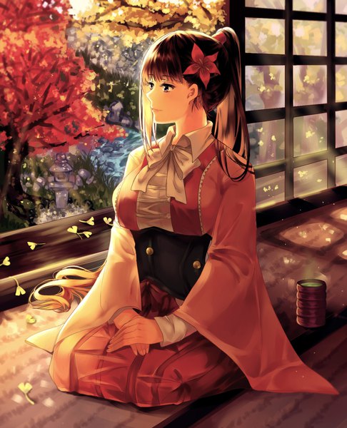 Anime picture 1417x1748 with koutetsujou no kabaneri wit studio yomogawa ayame alti meizi single long hair tall image breasts large breasts looking away ponytail traditional clothes japanese clothes hair flower kneeling girl hair ornament flower (flowers) bow plant (plants)