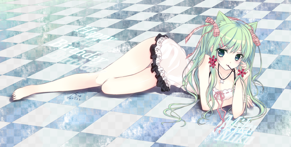 Anime picture 1577x800 with vocaloid hatsune miku aqua (artist) single long hair blush blue eyes light erotic wide image bare shoulders signed animal ears looking away hair flower cat ears aqua hair legs reclining girl hair ornament