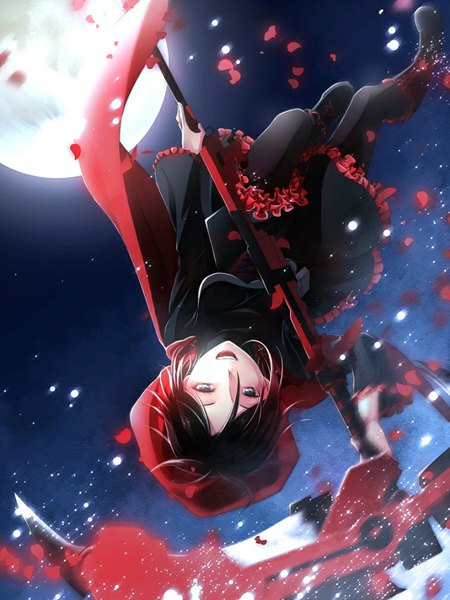 Anime picture 756x1008 with rwby rooster teeth ruby rose mittsuan (artist) single tall image looking at viewer short hair black hair smile bent knee (knees) black eyes teeth sparkle happy snowing upside down girl dress weapon