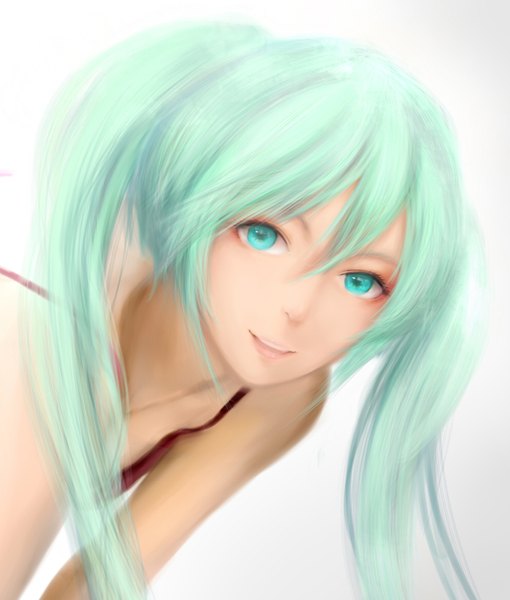 Anime picture 1024x1204 with vocaloid hatsune miku moekyon single long hair tall image simple background smile white background twintails aqua eyes lips realistic aqua hair portrait girl
