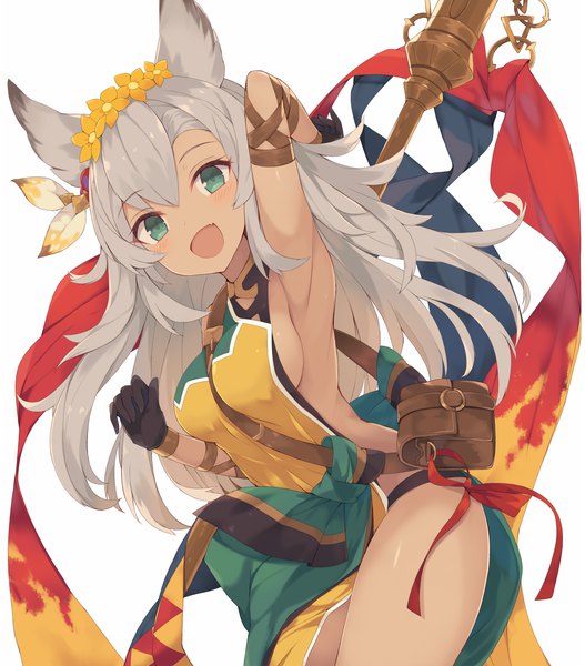 Anime picture 1000x1139 with granblue fantasy nemone nibiiro shizuka single long hair tall image looking at viewer blush fringe breasts open mouth light erotic hair between eyes large breasts standing white background bare shoulders green eyes animal ears head tilt