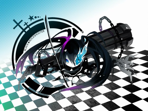 Anime picture 1600x1200 with black rock shooter black rock shooter (character) marcey naito single long hair looking at viewer highres black hair twintails glowing glowing eye (eyes) chibi checkered floor girl weapon sword shorts katana chain cloak