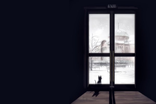 Anime picture 1200x800 with seo tatsuya indoors inscription shadow light snowing winter snow street animal building (buildings) cat room door