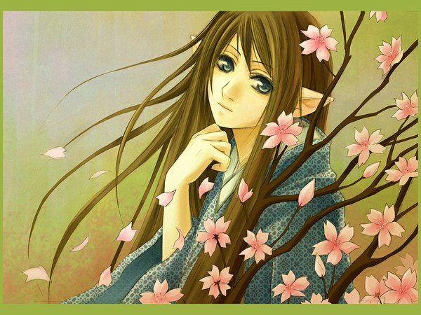 Anime picture 1024x768 with original radittz single long hair looking at viewer blue eyes brown hair long sleeves traditional clothes pointy ears framed girl flower (flowers) petals branch