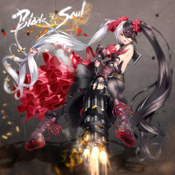Anime picture 1200x1200 with blade & soul po hwa ran (blade & soul) kai (link2262) single black hair twintails bare shoulders yellow eyes white hair very long hair multicolored hair two-tone hair girl dress gloves hair ornament weapon boots fingerless gloves gun