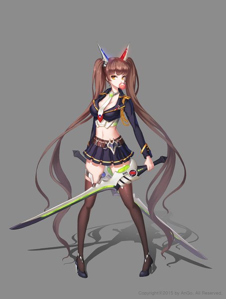 Anime picture 1000x1320 with original ango single tall image looking at viewer simple background brown hair twintails yellow eyes very long hair grey background shadow girl thighhighs skirt weapon black thighhighs miniskirt sword necktie