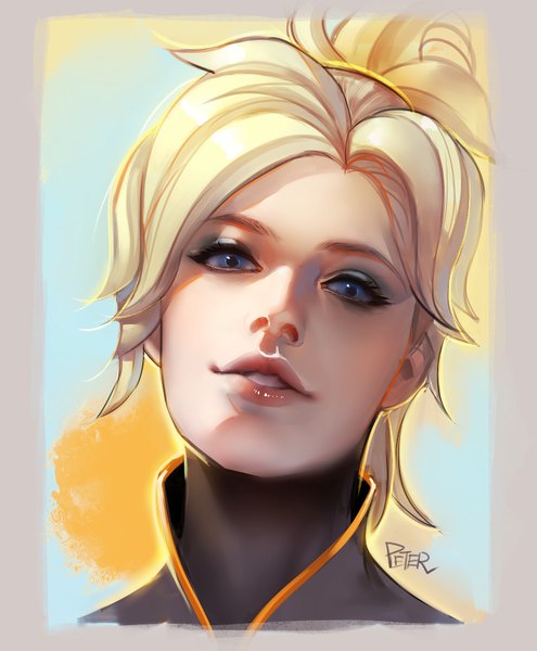Anime picture 770x933 with overwatch blizzard entertainment mercy (overwatch) superschool48 single tall image looking at viewer short hair blue eyes blonde hair signed ponytail parted lips realistic lipstick portrait pink lipstick girl