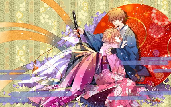 Anime picture 1155x729 with tsubasa reservoir chronicle clamp sakura hime syaoran w w w wloveless short hair brown hair brown eyes eyes closed japanese clothes hair flower couple girl boy hair ornament weapon petals sword kimono katana