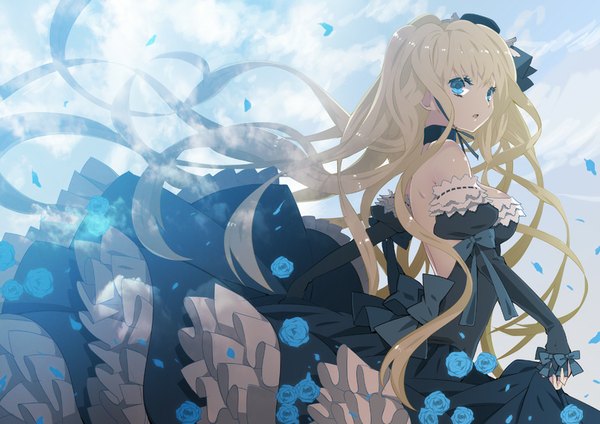 Anime picture 849x600 with original mami (apsaras) single looking at viewer fringe breasts open mouth blue eyes blonde hair large breasts twintails bare shoulders sky cloud (clouds) very long hair looking back wind sunlight back girl