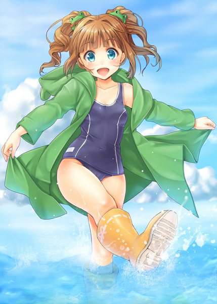 Anime picture 715x1000 with idolmaster takatsuki yayoi k.y ko single long hair tall image blush open mouth blue eyes light erotic brown hair cloud (clouds) girl hair ornament swimsuit cloak rubber boots