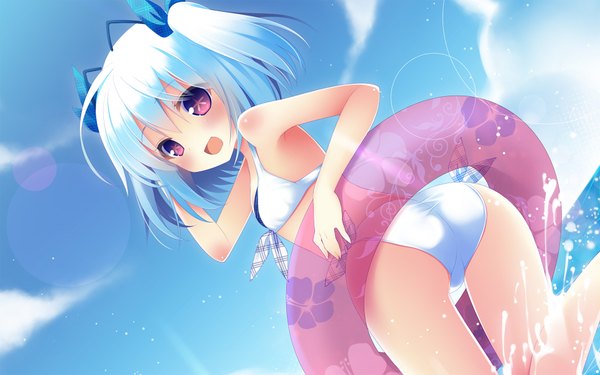 Anime picture 1920x1200 with oizumi 1000-chan kanora single looking at viewer blush highres short hair open mouth purple eyes twintails animal ears sky cloud (clouds) looking back multicolored hair aqua hair from below symbol-shaped pupils happy