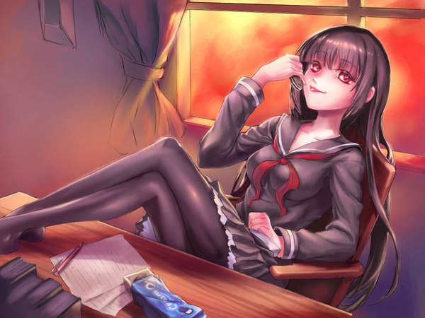 Anime picture 1024x768 with tasogare otome x amnesia silver link kanoe yuuko single long hair looking at viewer blush fringe breasts red eyes light smile lips legs crossed legs glowing glowing eye (eyes) girl skirt uniform school uniform