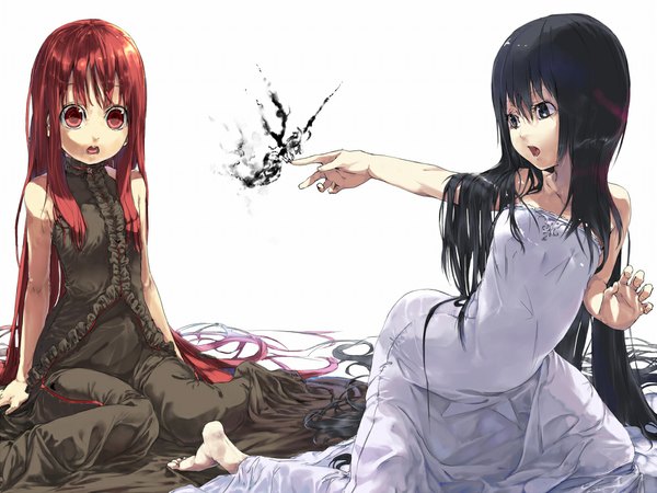 Anime picture 1000x750 with original kotoba open mouth black hair simple background red eyes white background bare shoulders multiple girls red hair very long hair barefoot black eyes girl dress 2 girls