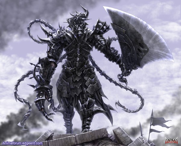 Anime picture 1326x1071 with anima wen-m single standing sky cloud (clouds) horn (horns) smoke warrior weapon sword armor chain flag claws thorns