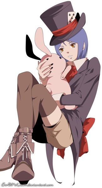 Anime picture 2000x3684 with naruto studio pierrot naruto (series) konan single tall image highres short hair simple background smile white background blue hair looking away nail polish inscription teeth orange eyes akatsuki girl thighhighs