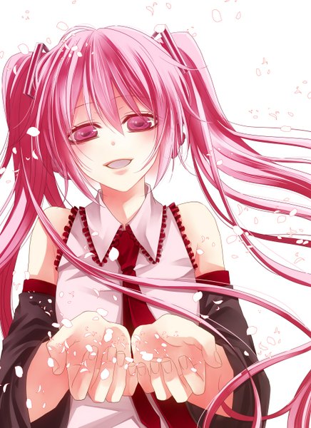 Anime picture 1000x1375 with vocaloid hatsune miku sakura miku tohikou single long hair tall image open mouth simple background red eyes white background twintails pink hair girl detached sleeves petals necktie
