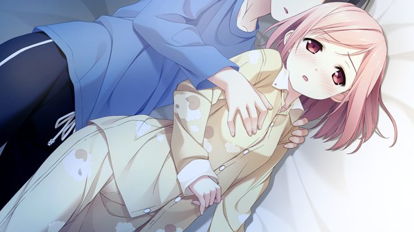 Anime picture 1920x1080 with your diary nagamine tomoki yua (your diary) kantoku blush highres short hair red eyes wide image pink hair game cg loli girl pajamas