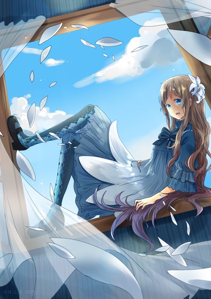 Anime picture 1240x1754 with original chibiibiru long hair tall image open mouth blue eyes brown hair cloud (clouds) hair flower girl dress hair ornament petals window