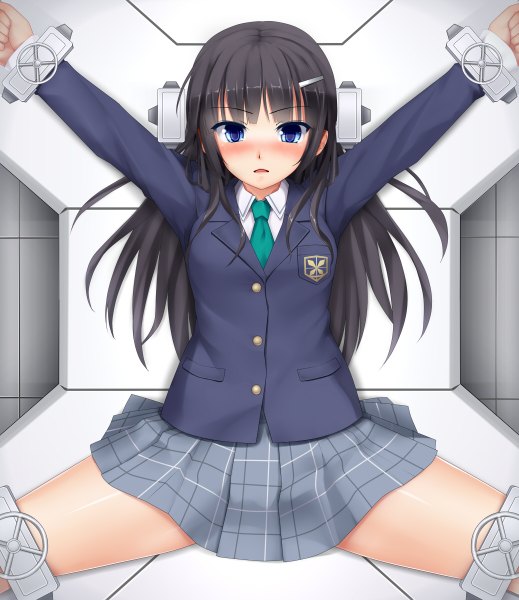Anime picture 1038x1200 with original eto single long hair tall image blush blue eyes light erotic black hair girl skirt uniform school uniform miniskirt