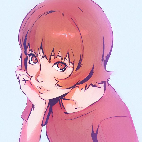 Anime picture 1080x1080 with paprika madhouse paprika (character) ilya kuvshinov single looking at viewer blush fringe short hair simple background brown hair brown eyes upper body blunt bangs from above lips arm support short sleeves portrait blue background