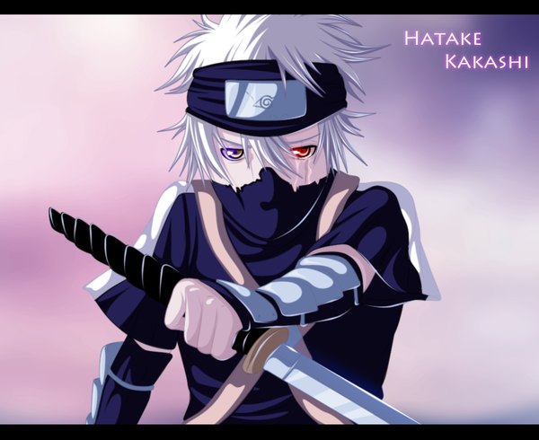 Anime picture 1000x817 with naruto studio pierrot naruto (series) hatake kakashi hollowcn single short hair red eyes brown eyes white hair inscription tears heterochromia coloring letterboxed sharingan rinnegan boy weapon sword